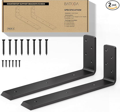 BATODA 16” Countertop Support Steel Brackets (2 pcs) for Large Granite - Heavy Duty L Floating Shelf Bracket - Black Metal Wall Mounted Support for Wood Shelving – Mounting Hardware Included