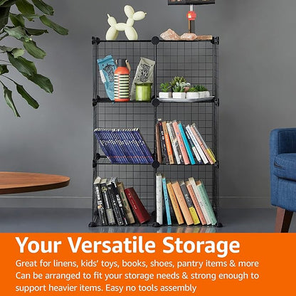 Amazon Basics 6-Cube Wire Grid Stackable Storage Organizer, Metal Shelving Unit, No-Tool Assembly, 26"W x 38"H x 12.6"D, Black