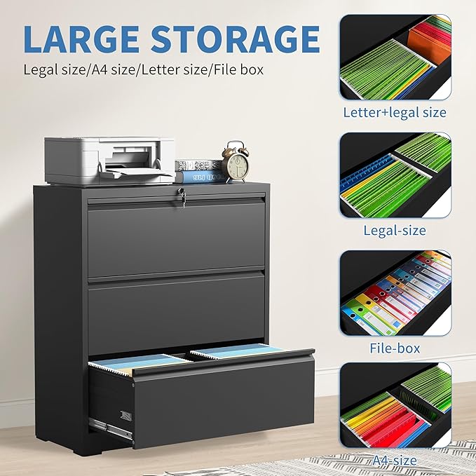 3 Drawer File Cabinet, Black Office Cabinets with Lock, Heavy Duty Metal Filing Cabinet for Home Office, Horizontal Lockable File Cabinet for Legal/Letter/A4 Size Files, Require Assembly