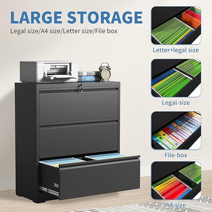 3 Drawer File Cabinet, Black Office Cabinets with Lock, Heavy Duty Metal Filing Cabinet for Home Office, Horizontal Lockable File Cabinet for Legal/Letter/A4 Size Files, Require Assembly