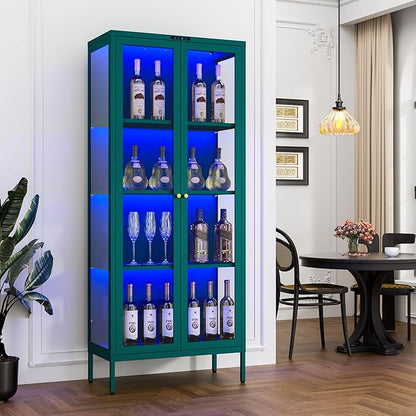 Glass Display Cabinet with Glass Doors, Metal Curio Cabinet with 8-Color LED Lights, 66 Inch Tall Display Case for Collectibles, Green Storage Cabinet for Living Room, Assembly Required