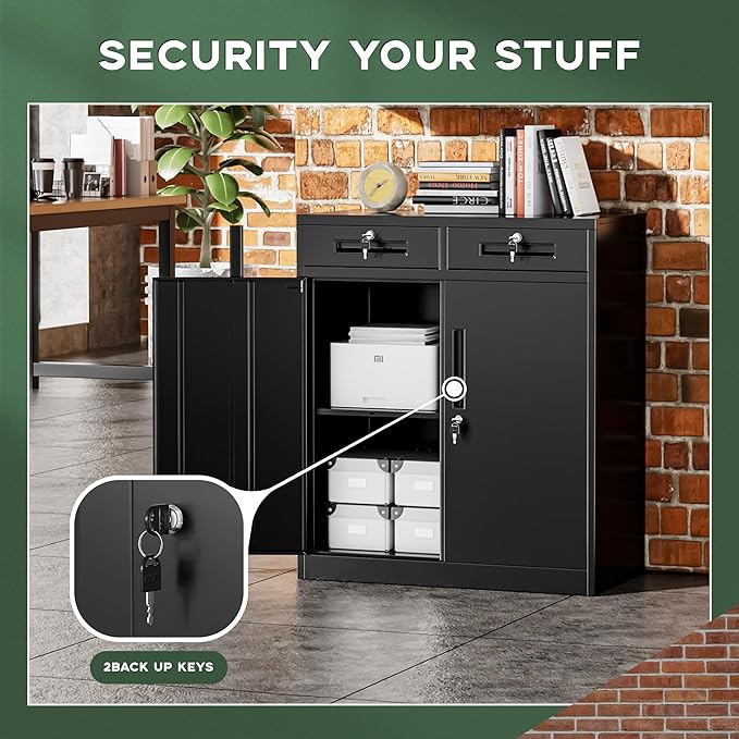 Greenvelly Metal Storage Cabinet, 36" H Lockable Storage Cabinet with 2 Drawers and Adjustable Shelf, Locked Metal Cabinets for Office, Garage, Home (Black)