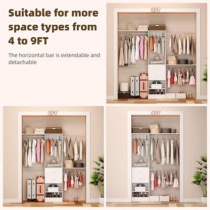 Closet System, Closet Organizer System With 2 Wood Drawers, Walk-In Closet Storage System With 5 Hanging Rods, Adjustable Cloth Garment Rack, Fits Spaces 4 to -9FT, White