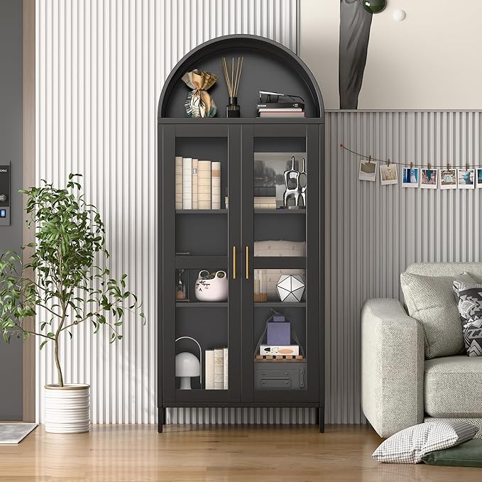 Metal Arched Display Cabinet with Glass Doors,Arch Cabinet with 3 LED Strip and 2 Adjustable Shelves for Home Office,Assembly Required, Black