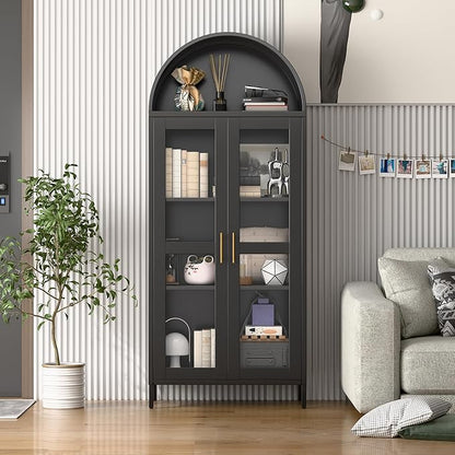 Metal Arched Display Cabinet with Glass Doors,Arch Cabinet with 3 LED Strip and 2 Adjustable Shelves for Home Office,Assembly Required, Black