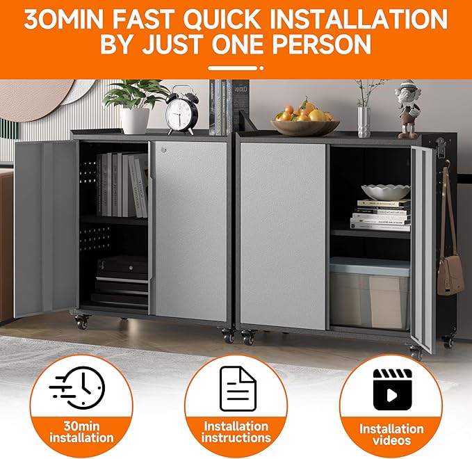 Metal Garage Storage Cabinet with Locking Doors and Adjustable Shelves,34.3" H Small Rolling Tool Storage Cabinet,Lockable Metal Tool Cabinet on Wheels for Garage, Warehouse, Barbershop-Black Gray