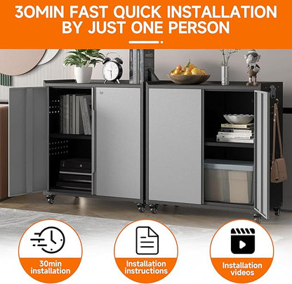 Metal Garage Storage Cabinet with Locking Doors and Adjustable Shelves,34.3" H Small Rolling Tool Storage Cabinet,Lockable Metal Tool Cabinet on Wheels for Garage, Warehouse, Barbershop-Black Gray