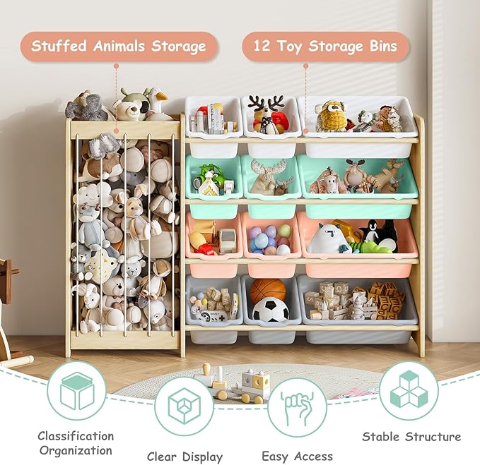 Kids Toy Storage Organizer, 2-in-1 Stuffed Animal Storage & Toy Organizer w/12 Bins, Solid Wood Toy Rack Featuring Thicker Elastic Ropes to Hold Toys, Playroom Nursery Bedroom Storage, Multi