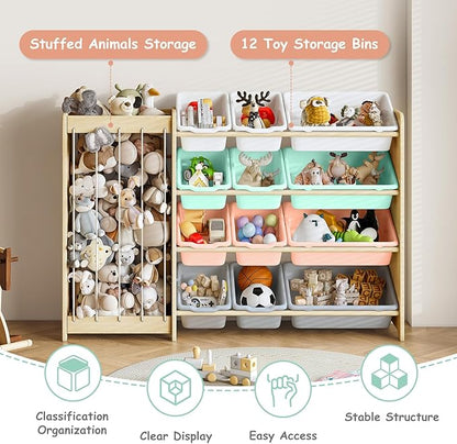 Kids Toy Storage Organizer, 2-in-1 Stuffed Animal Storage & Toy Organizer w/12 Bins, Solid Wood Toy Rack Featuring Thicker Elastic Ropes to Hold Toys, Playroom Nursery Bedroom Storage, Multi