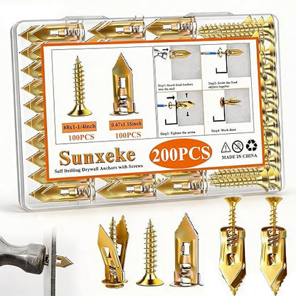200 Pcs Self Drilling Drywall Anchors with Screws,100 Sheetrock Anchors (0.47x1.18 Inch) & 100 Zinc Expansion Screws,2026 Upgraded Zinc Plated Steel,No Drill Needed,Perfect for Wall Hanging