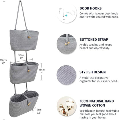 OrganiHaus 3-Tier Hanging Organizer, Gray Cotton Rope Baskets for Wall or Door – Boho Nursery & Home Storage