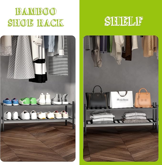 BMOSU 2-Tier Bamboo Extended Shoe Rack Premium Stackable Shoe Shelf Storage Organizer for Hallway Closet Living Room Entryway Organizer (Black Bamboo)