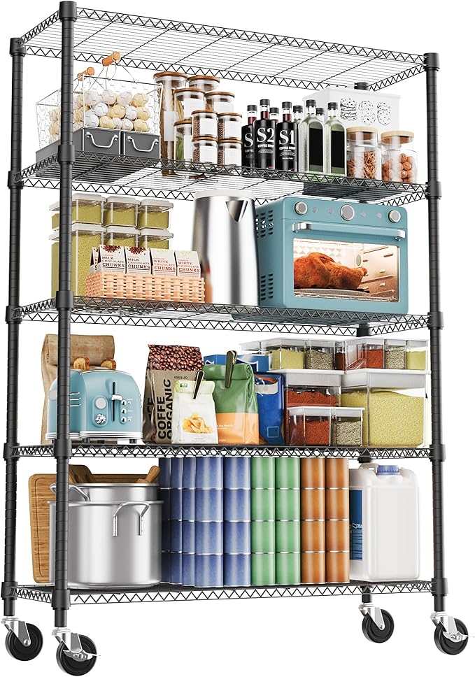 1750LBS 47.2" W 5 Tiers Storage Shelves Metal Shelving Unit with Wheels Heavy Duty Garage Shelving Adjustable Wire Shelves for Pantry,Kitchen,Garage,Basement,Black 17.7" D x 47.2" W x 76.8" H