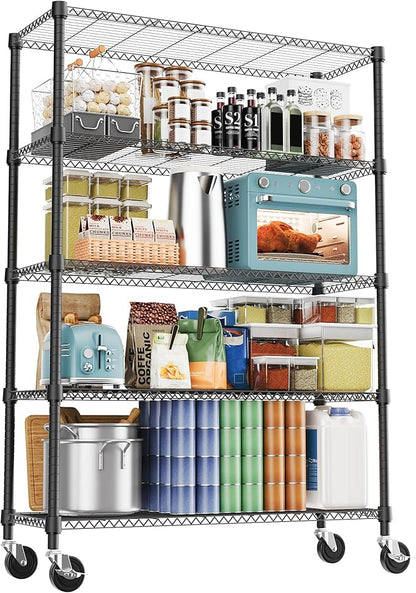 1750LBS 47.2" W 5 Tiers Storage Shelves Metal Shelving Unit with Wheels Heavy Duty Garage Shelving Adjustable Wire Shelves for Pantry,Kitchen,Garage,Basement,Black 17.7" D x 47.2" W x 76.8" H