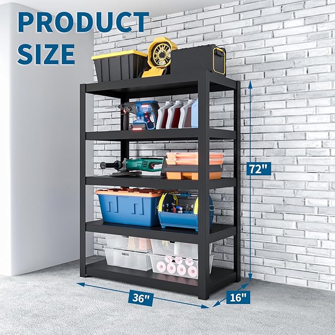 Shelving Units and Storage, 3000LBS Garage Storage Shelves, 5 Tier Shelving Unit, Steel Industrial Shelving, Adjustable Standing Shelf for Garage, Home, Warehouse 71" H x 36" W x 16" D, Black