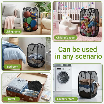 BATTOO Deluxe Strong Mesh Pop up Laundry Hamper Basket with Side Pocket for Laundry Room, Bathroom, Kids Room, College Dorm or Travel 2 Pack Black
