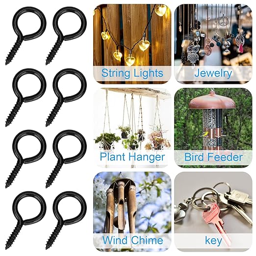 Aovchei Eye Screws, 100PCS 0.75 Inch Long, Black 304 Stainless Steel Screw Hooks, Self Tapping Eye Bolts, Indoor & Outdoor for Hanging Artwork