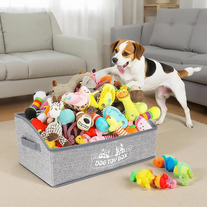 Foldable Pet Toy Storage Box with 3 Handles, Portable Organizer Basket for Dog Toys, Blankets & Accessories, White Dogs