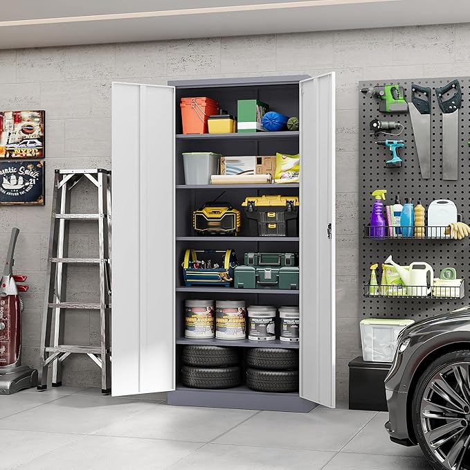 Yizosh Metal Garage Storage Cabinet with Lock, 72" Locking Tool Cabinet with 2 Doors and 4 Shelves for Garage,Office,School (Gray White)
