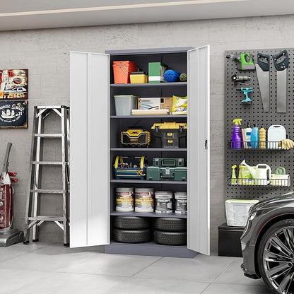 Yizosh Metal Garage Storage Cabinet with Lock, 72" Locking Tool Cabinet with 2 Doors and 4 Shelves for Garage,Office,School (Gray White)