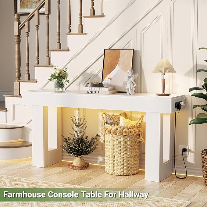 Unikito 63'' Farmhouse Console Table with Power Outlets and Sensor Light, Wooden Entryway Table with Storage, Rectangular Sofa Tables Behind The Couch for Entrance, Hallway, Living Room,