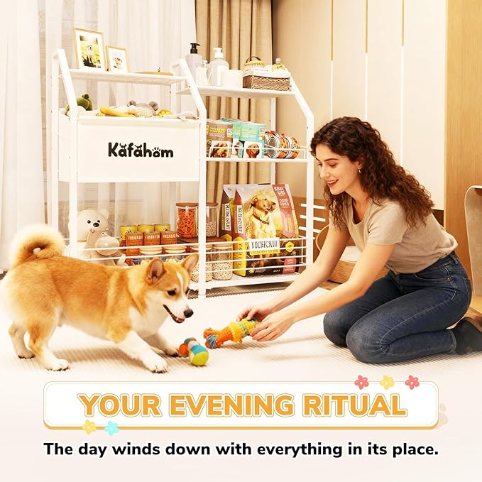 KAFAHOM Dog Toy Basket, Large Dog Toy Bin with Can Dispenser, Pet Toy box with Storage Shelf, Dog Stuff with Collar Leash Holder Rod, Ultimate Pet Furniture & Essentials, Dog Lover Gifts