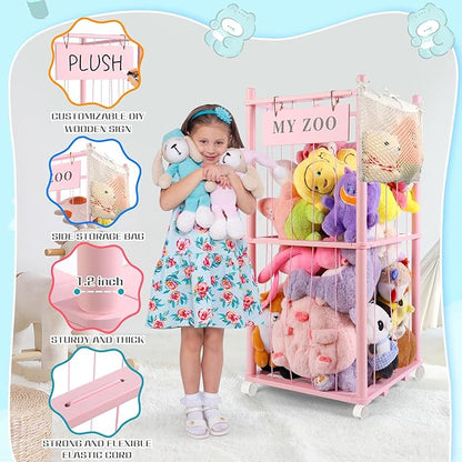 Stuffed Animal Storage Zoo with Wheels, Wooden Stuffed Animal Organizer with Elastic Cords, Space Saving Toy Plushies Storage Holder for Playroom, Bedroom, Living Room(Pink, Small)