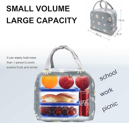 Sonuimy Insulated Lunch Bag Women Girls, Reusable Cute Tote Lunch Box for Adult & Men, Leakproof Cooler Lunch Bags for Work Office Travel School Picnic (Grey with White Daisy)