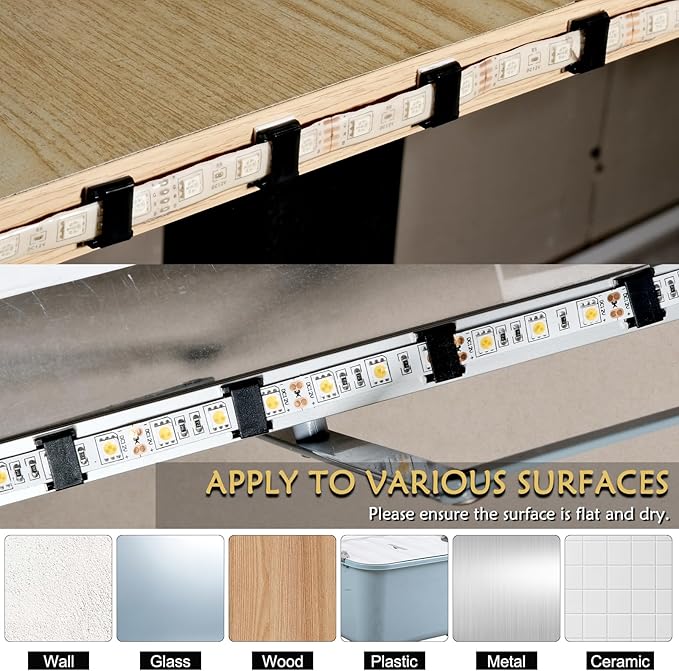 GooChan Strip Light Mounting Clips Self-Adhesive Tape Brackets Holder,100-Pack Clamps Fix Light Strip 8mm 10mm 12mm (for 10mm (3/8") Black Wide Strip Lights)