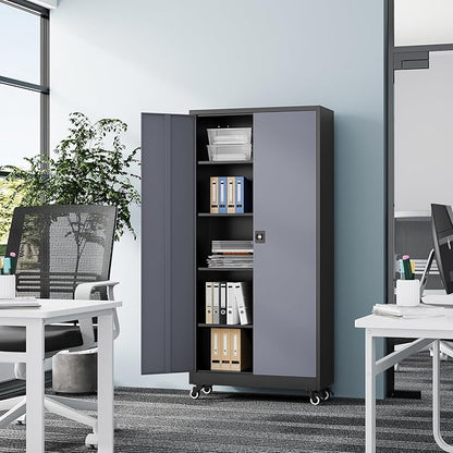 Metal Rolling Storage Cabinet-74.6” Tall Steel File Cabinets with Wheels Lockable Doors and Adjustable Shelves-Black & Gray Steel Storage Cabinet for Home, School, Office, Garage