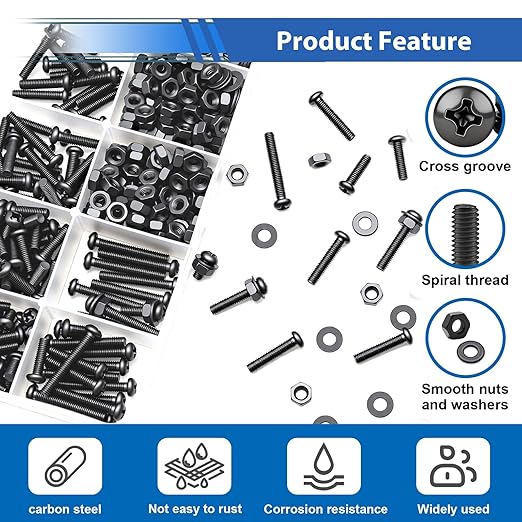 smseace 570Pcs Black M3 Screws with Nuts Assortment Kit Nuts M3x6/10/14/16/20mm 5-Sizes Bolt Washer Assortment Kit for Machinery, Furniture, Automotive,DIY, 3D Printer, Motorcycle Repairs