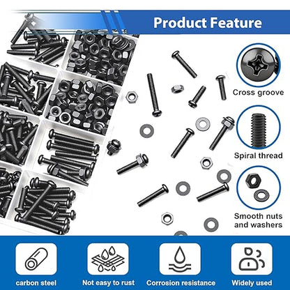 smseace 570Pcs Black M3 Screws with Nuts Assortment Kit Nuts M3x6/10/14/16/20mm 5-Sizes Bolt Washer Assortment Kit for Machinery, Furniture, Automotive,DIY, 3D Printer, Motorcycle Repairs