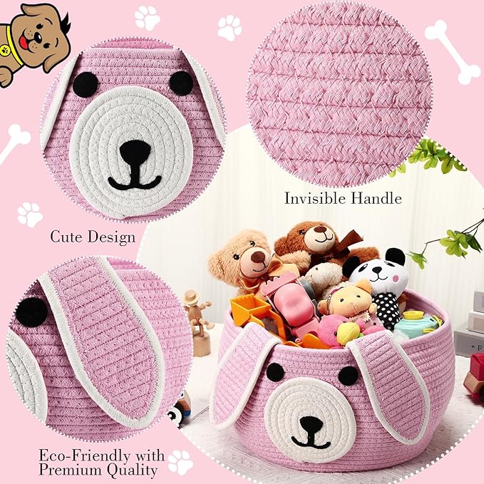 Zopeal Dog Woven Basket Cute Woven Cotton Rope Puppy Animal Storage Basket for Laundry Toy Gift(Pink,13 x 8 Inch)