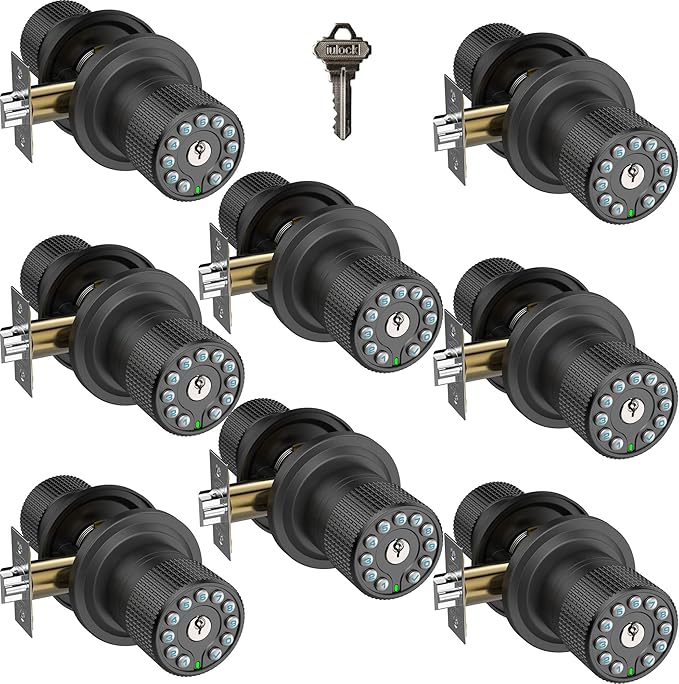 Smart Door Knob with Keypad and Key,Keyless Entry Door Lock with Rubber Grip, Auto Lock,50 User Code,Waterproof, Easy to Install and Program for Bedroom(Matte Black Same Key 8 Pack)