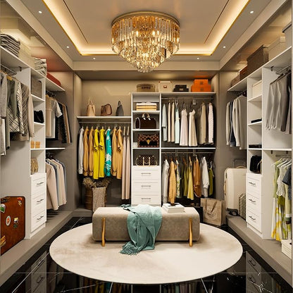 Closet System with Drawers, 5FT-8FT Closet Organizer System with Shelves & Expandable Hanging Rods, 96" Walk in Storage Closet System Wood, White