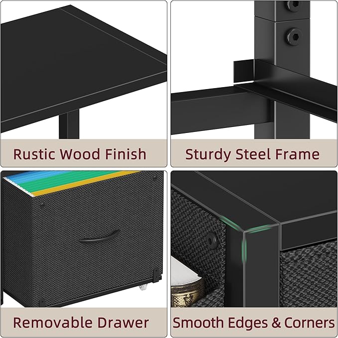 2-Drawer File Cabinet, Filing Cabinet with 2-Tier Printer Shelves, Office Cabinets with Side Bag&File Drawer for A4/Letter Size, Printer Stand with Storage for Home Office, Black, 16.5" W