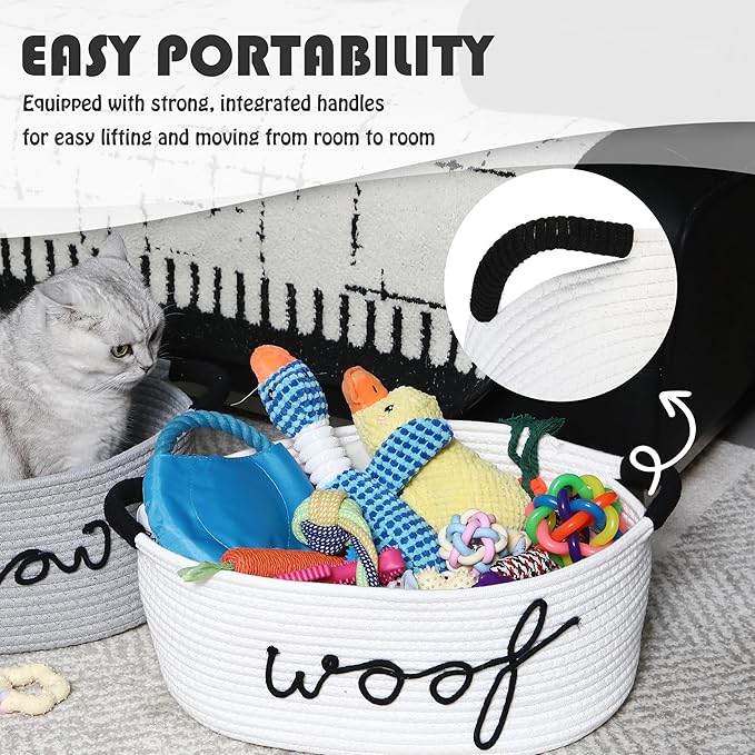 Sea Team Dog Toy Storage Basket with Handles, 16.5 x 11 x 7 Inches, 4.4 Gallons Large Cotton Rope Storage Bin, Shelf Basket, Organizer for Pet Chew Toys, Foods, White Woof