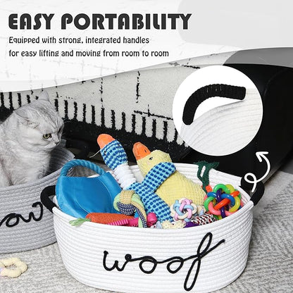 Sea Team Dog Toy Storage Basket with Handles, 16.5 x 11 x 7 Inches, 4.4 Gallons Large Cotton Rope Storage Bin, Shelf Basket, Organizer for Pet Chew Toys, Foods, White Woof