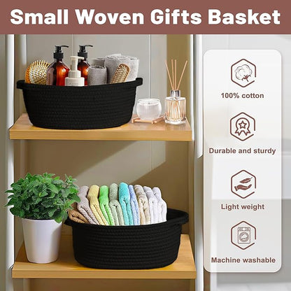 Small Woven Black Gifts Basket for Storage Empty with Ribbons and Bags Durable Cute Gifts 12"X 8" X 5" Small Rope Basket for Gifting