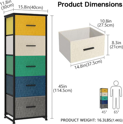 Dresser with 5-Drawer, Tall Fabric Storage Tower for Closet, Colorful Organizer Unit for Bedroom, Categorized Storage by Colors, Easy Pull Fabric Bins (Colourful)