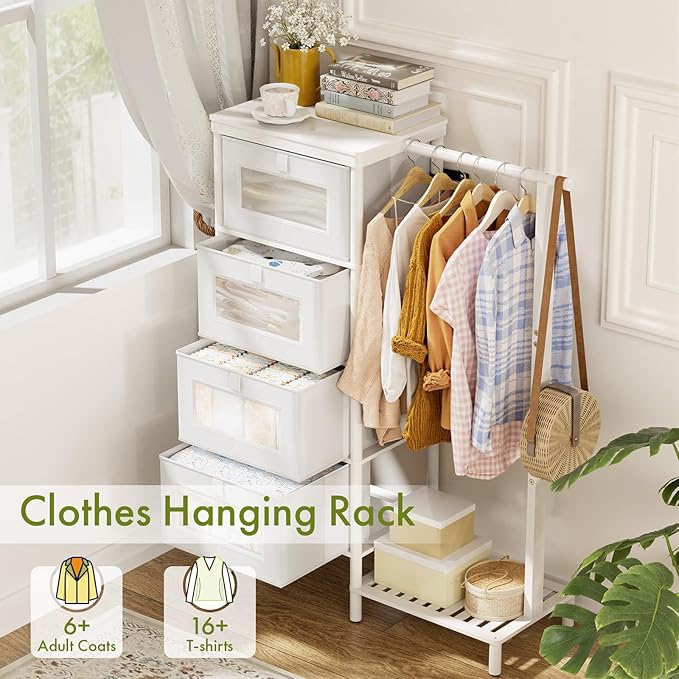 Bamboo Dresser with Hanging Rack, 4-Drawer Small Closet Organizer for Bedroom, Tall Storage Tower with Clothes Rack, Natural Wood 41.4"H x 31.3"W–Space-Saving Design, Easy Assembly （white）