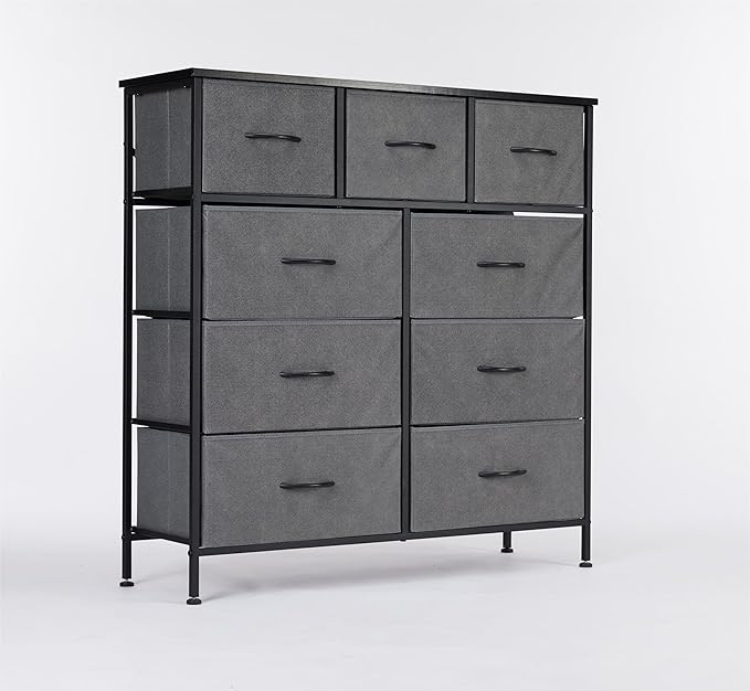DUMOS Dresser for Bedroom, Dressers & Chests of Drawers Dresser Organizer, Wood Top Table Furniture with 9 Fabric Storage Tower Unit, Chest of Drawers for Closet, Living Room, Hallway, Porch