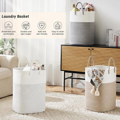 Laundry Basket,Woven Cotton Rope Laundry Hamper,Versatile Storage for Dirty Clothes,Baby Toys,and Blankets in Bathroom, Nursery,and Living Room (White, 100L)