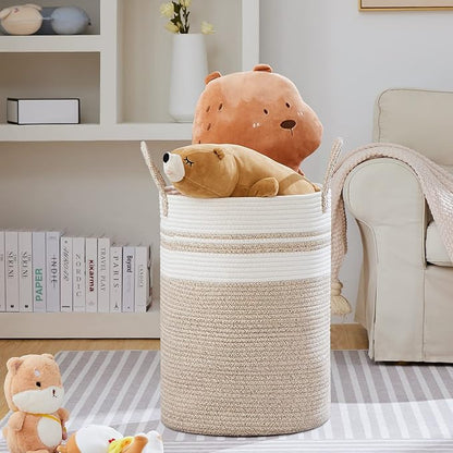 VIPOSCO Large Laundry Hamper, Tall Woven Rope Storage Basket for Blanket, Toys, Dirty Clothes in Living Room, Bathroom, Bedroom - 100L Brown & White