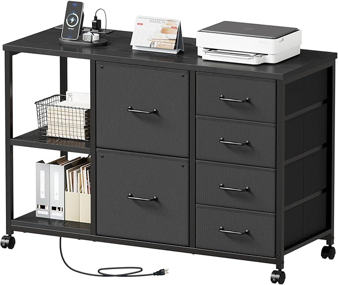 6 Drawer File Cabinet with Charging Station Rolling Printer Stand with Open Storage Shelf Fabric Lateral Filing Cabinet for Home Office,Black