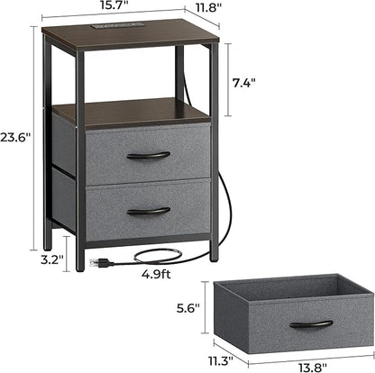 Huuger Nightstands Set of 2, End Tables with Charging Station, Fabric Drawers, Bedside Tables with USB Ports and Outlets, Night Stands for Bedroom, Walnut