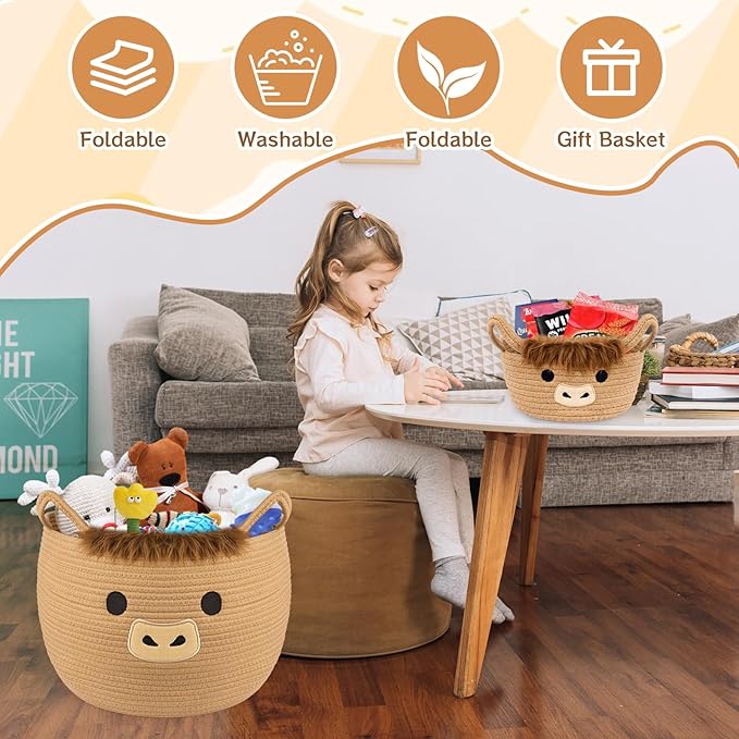 Highland Cute Cow Basket Set for Nursery, Woven Storage Cotton Rope Basket, Baby Blanket 0rganizer with Ears Handles, Blanket Towel Decor Toy Clothes Gifts Storage Cat Dog Bin, Pack of 2