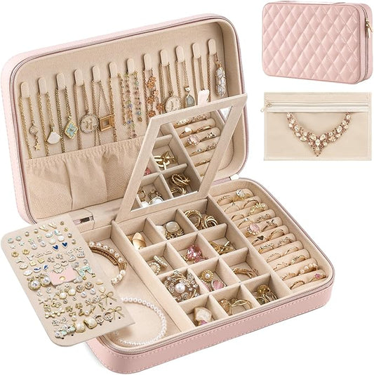 Lolalet Travel Jewelry Case for Women Girls, Travel Jewelry Organizer Box with Mirror & Clear Storage Bag, Small Portable Earring Necklace Bracelet Ring Case, Birthday Valentine Gifts -Large, Pink
