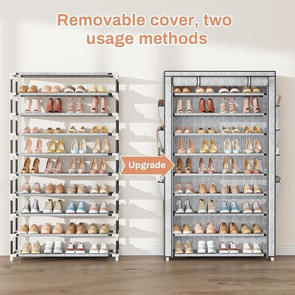 Shoe Rack with Cover, 10 Tier Shoe Organizer Storage for 40-50 Pairs Sneaker and Boots, Large Capacity, with 8 Pockets, Free Standing Tall Shoe Rack for Front Door Entrance, Closet, Printing