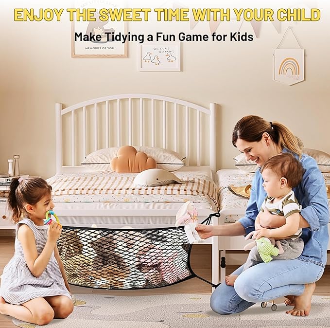Stuffed Animal Storage Net for Kids, 2 Pack Bedside Toy Organizer Net - Neatly Store Your Stuffed Animals, Elastic Bedside Stuffed Animal Storage Net with Tether, Stretches up to 32 Inches